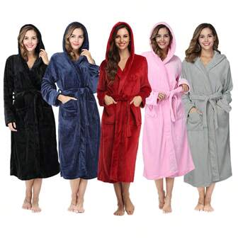 Solid Color Long Hooded Thick Bathrobe,Flannelette Luxury Flannel Tie-Waist Hooded Bathrobe, Plush Robes For Women And Men, ,Corduroy,Chenille,Imitation Wool Cloth,Soft Warm Fleece Bathrobe Simple Fabric Absorbent Bath Towel, Suitable For Family Use, Unisex, Can Be Used As Pajamas, Couple Style, Suitable For Autumn And Winter Warm Shower Robe, Autumn/Winter Plus Size, Hotel Couple SleepwearWarm Winter Decora