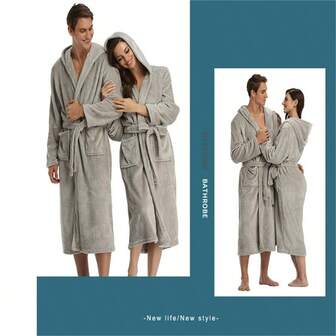 Enfärgad lång tjock badrock med huva, flanellbadrock med lyxig flanellknytning och huva, plyschbadrockar för kvinnor och män, manchester, chenille, imitation av ull, mjuk varm fleecebadrock, enkel absorberande badhandduk, lämplig för familjebruk, unisex, kan användas som pyjamas, parstil, lämplig för höst och vinter, varm duschbadrock, höst/vinter plusstorlek, hotellpars sömnkläder, varm vinterdekoration