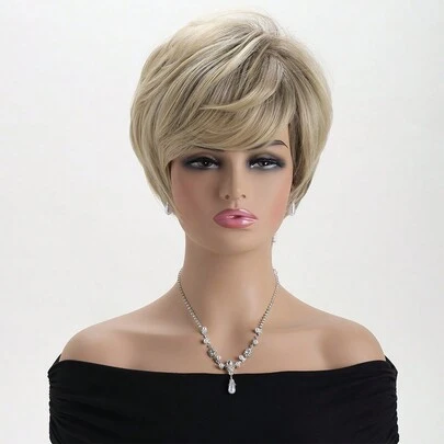 Women's Fashion Natural Mixed Golden 10 Inch Synthetic Fiber Short Curly Wig With Bangs, Suitable For Everyday Wear, Holidays, Costumes, Parties