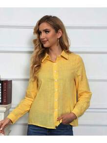 Women's Cotton Linen Blouse Long Sleeves Plus Size - nuevo amarillo - Ver 2