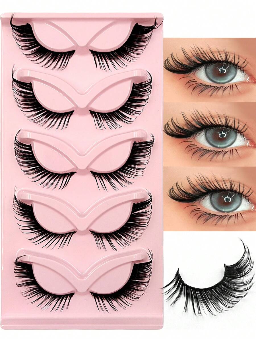 5 Pairs Asiteo New Cat Eye False Eyelashes, 3D Curly Fluttering Natural & Thick Faux Mink Lashes, Messy Tail Design To Elongate Eyes, Cartoon Style Soft Black Lash Band - 眼尾拉長款 - 查看 1