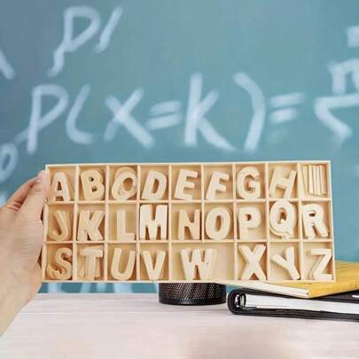 130pcs Wooden Craft Alphabet With Wooden Storage Tray Set, Blank Wooden Alphabet Alphabet Learning Gift, Home Decoration Valentine's Day Birthday Gifts Graduation