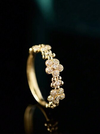 1 peça Moda INS Estilo Ouro 925 Prata Esterlina 5 Pétalas Flor Zircônia Anel Feminino, Elegante Para Uso Diário, Feriado E Festa Presente Jóias