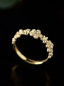 1pc Fashion INS Style Gold 925 Sterling Silver 5-Petal Flower Zirconia Women Ring, Elegant For Daily Wear, Holiday And Party Gift Jewelry Valentines - Gold - View 4