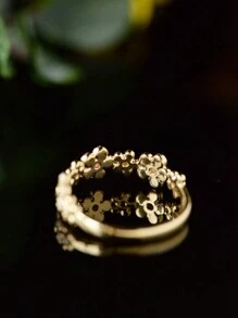 1pc Fashion INS Style Gold 925 Sterling Silver 5-Petal Flower Zirconia Women Ring, Elegant For Daily Wear, Holiday And Party Gift Jewelry Valentines - Gold - View 6