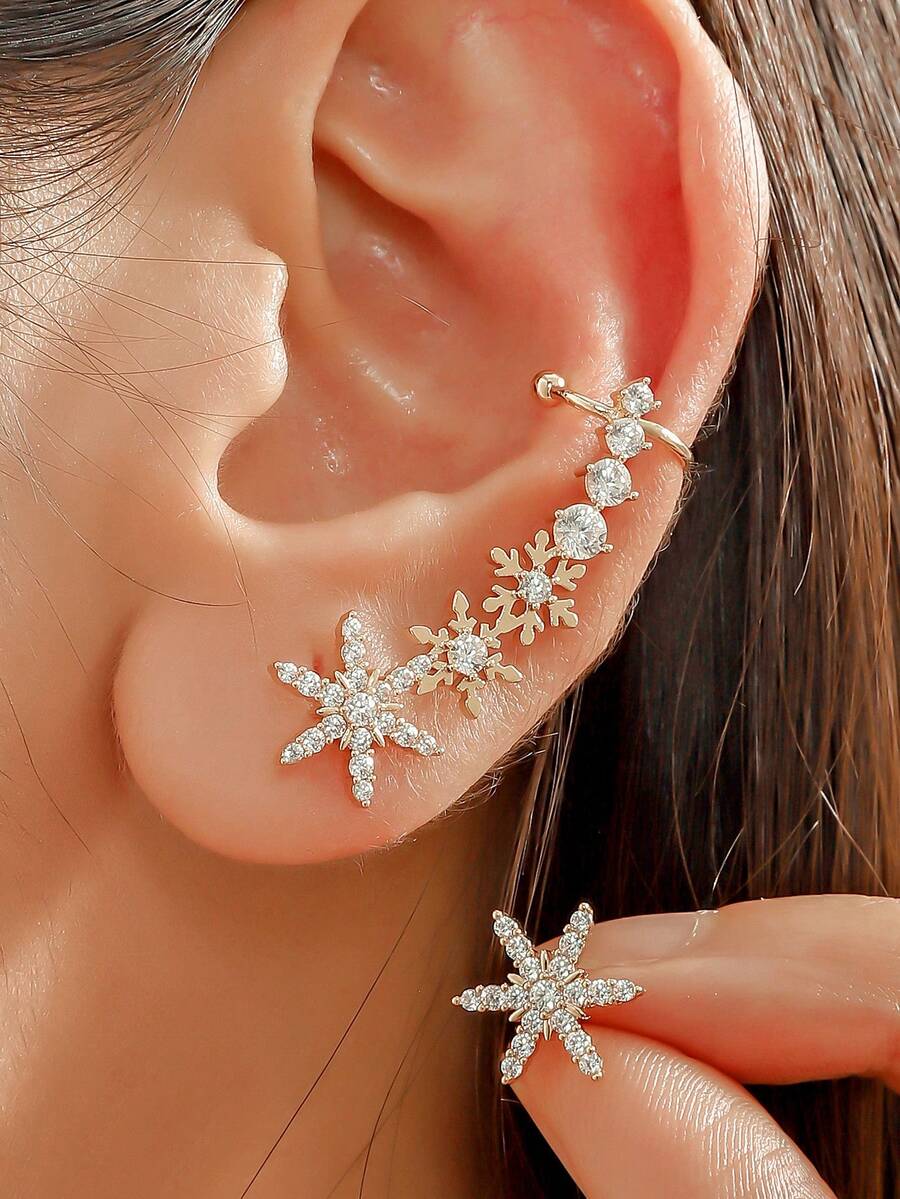 1 件时尚优雅复古精致水钻六角星金色软骨夹耳环，适合所有季节和场合 - 金色 - 查看 1
