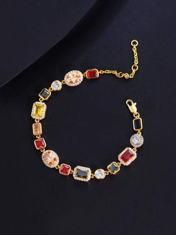 1pc Beautiful Multi Shape Colorful Cubic Zirconia Link Chain Bracelets For Women, Adjustable Size, Hand Jewelry, Wedding/Party/Anniversary/Birthday Gift