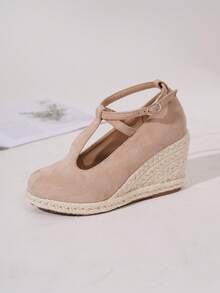 Giày đế xuồng & đế xuồng đế xuồng cho nữ, Giày đế xuồng quai mắt cá chân tối giản, Giày mùa hè dệt kim mũi tròn màu đỏ đi biển, Giày đế xuồng đế dây cho tuần trăng mật dành cho bạn đồng hành trong đám cưới - Màu be - Xem 3