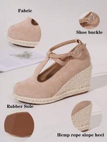 Giày đế xuồng & đế xuồng đế xuồng cho nữ, Giày đế xuồng quai mắt cá chân tối giản, Giày mùa hè dệt kim mũi tròn màu đỏ đi biển, Giày đế xuồng đế dây cho tuần trăng mật dành cho bạn đồng hành trong đám cưới - Màu be - Xem 2