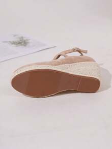 Giày đế xuồng & đế xuồng đế xuồng cho nữ, Giày đế xuồng quai mắt cá chân tối giản, Giày mùa hè dệt kim mũi tròn màu đỏ đi biển, Giày đế xuồng đế dây cho tuần trăng mật dành cho bạn đồng hành trong đám cưới - Màu be - Xem 4