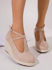 Giày đế xuồng & đế xuồng đế xuồng cho nữ, Giày đế xuồng quai mắt cá chân tối giản, Giày mùa hè dệt kim mũi tròn màu đỏ đi biển, Giày đế xuồng đế dây cho tuần trăng mật dành cho bạn đồng hành trong đám cưới - Màu be - Xem 7