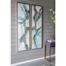 Set Of 2 Elongated Modern Abstract Oil Painting,, Rectangle Framed Wall Art, 20" X 71"