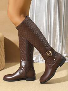 Nuevas botas de media pantorrilla cómodas y antideslizantes para mujeres en 2024, con acento de botón de metal bordado en marrón, versátiles y casuales con cremallera lateral, suela gruesa antideslizante y punta redonda, estilo occidental de caña alta