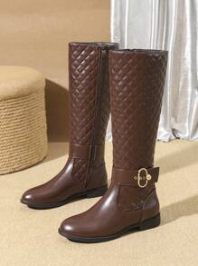 Nuevas botas de media pantorrilla cómodas y antideslizantes para mujeres en 2024, con acento de botón de metal bordado en marrón, versátiles y casuales con cremallera lateral, suela gruesa antideslizante y punta redonda, estilo occidental de caña alta