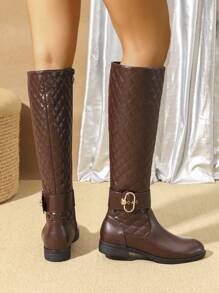 Nuevas botas de media pantorrilla cómodas y antideslizantes para mujeres en 2024, con acento de botón de metal bordado en marrón, versátiles y casuales con cremallera lateral, suela gruesa antideslizante y punta redonda, estilo occidental de caña alta