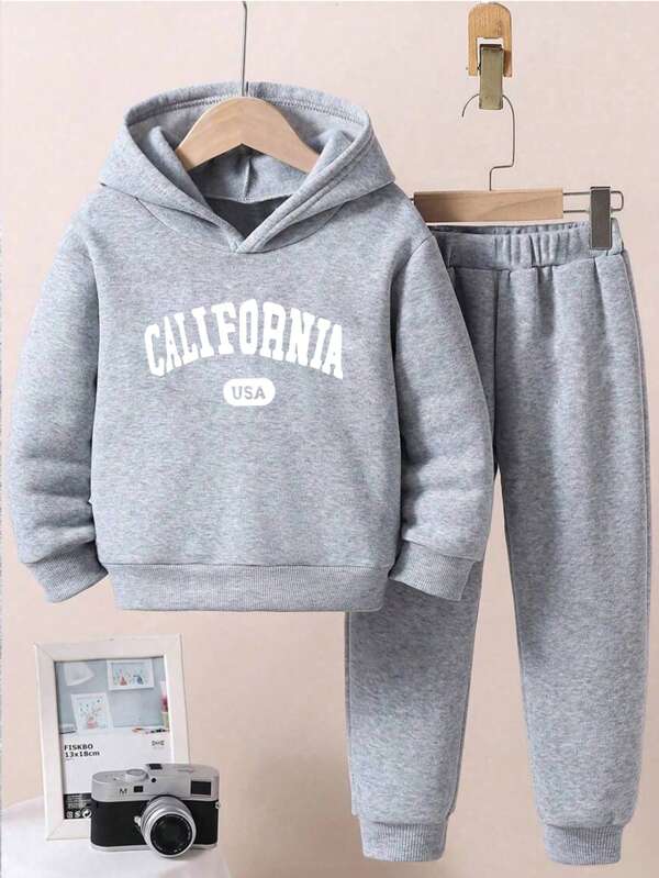 2pcs/Set Tween Boy Casual Letter Print Fleece Hoodie Sweatshirt And Pants, Dark Heather