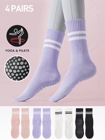 4 双女士瑜伽袜，防滑，鞋底带点，黑色、白色、粉色、紫色，适合运动、户外、普拉提、健身房