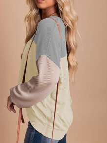 Long Sleeve Shirts For Women Cute Color Block Tops Casual Waffle Knit Shirt - Grey - View 2