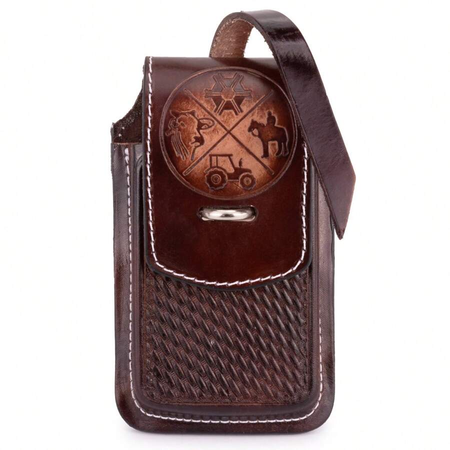 Agro Print Leather Cell Phone Sheath With Ring Closure - 鏽棕色 - 查看 1
