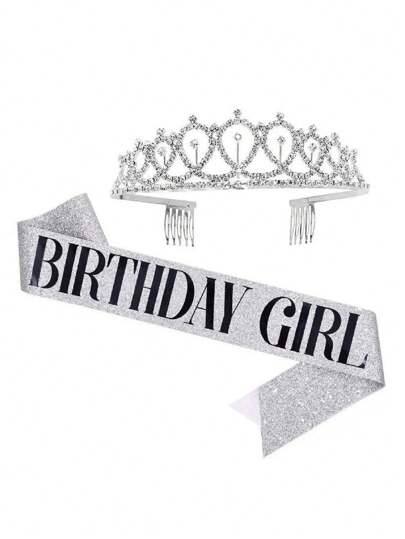 2pcs Rhinestone Decor Birthday Party Crown & Sash Set, Modern Party Crown & Sash Set For Home, Back To School Valentine Day