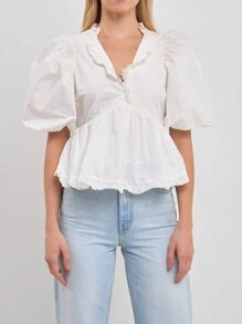 Womens Puff Sleeve Peplum Tops Frill V Neck Solid Color Loose Shirts Spring Fall Blouses - White - View 3