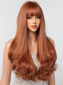 Tóc giả màu gừng có mái mềm mại, dài xoăn cho trang phục thời trang nữ, tóc giả màu gừng, tóc giả tổng hợp chịu nhiệt, gợn sóng cho tiệc Halloween ở trường, dài 26 inch - màu nâu - Xem 4