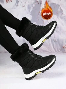 Botas de nieve para mujer de talla grande, con forro de piel, de moda, antideslizantes y resistentes al agua, de caña media - Negro - Ver 3