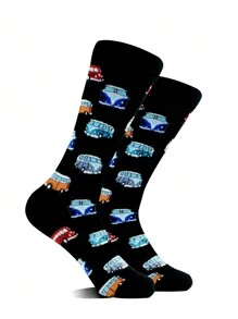 1 Pair Men's Versatile Comfortable Solid Black Car Pattern Crew Socks, Fall - Multicolor - View 3