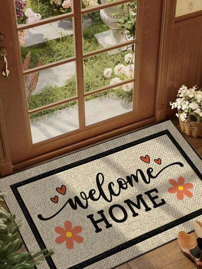 1pc Welcome Mat With Heart & Small Flower Pattern, Minimalist Style Indoor Outdoor Non-Slip Mat, Machine Washable Absorbent Quick Dry Doormat For Kitchen, Dining Room, Hallway, Bathroom, Bedroom, Outdoor, Home & Room Decor, All Season Gifts Birthday Graduation