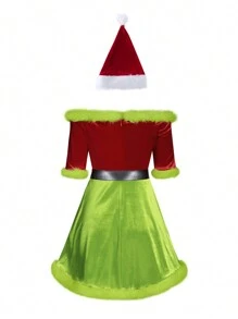 Women's Christmas Santa Dress Deluxe Mrs. Claus Costume Off Shoulder Velvet Dress Santa Hat Set Cosplay Outfits