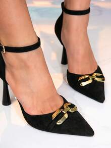 女士尖头系带高跟鞋，配金属装饰扣，新款舒适百搭黑色高跟鞋，适合派对、夜总会、宴会 - 黑色 - 查看 4