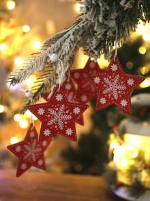 1 件圣诞木制星形挂饰 - 红色雪花设计 - 乡村节日树装饰，适合圣诞节、家居或派对 - 北欧风格的节日冬季装饰 - 彩色 - 查看 5