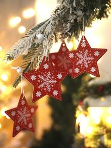 1 件圣诞木制星形挂饰 - 红色雪花设计 - 乡村节日树装饰，适合圣诞节、家居或派对 - 北欧风格的节日冬季装饰 - 彩色 - 查看 6