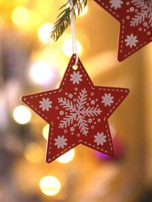 1 件圣诞木制星形挂饰 - 红色雪花设计 - 乡村节日树装饰，适合圣诞节、家居或派对 - 北欧风格的节日冬季装饰 - 彩色 - 查看 2