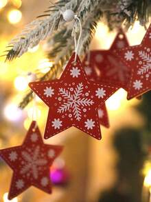 1 件圣诞木制星形挂饰 - 红色雪花设计 - 乡村节日树装饰，适合圣诞节、家居或派对 - 北欧风格的节日冬季装饰 - 彩色 - 查看 7