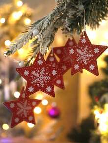1 件圣诞木制星形挂饰 - 红色雪花设计 - 乡村节日树装饰，适合圣诞节、家居或派对 - 北欧风格的节日冬季装饰 - 彩色 - 查看 4