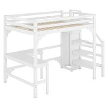 Sweiko Loft Bed, 140*200cm, Stylish L-Shaped Desk, Pine Wood, Open Wardrobe, Minimalist Style, White