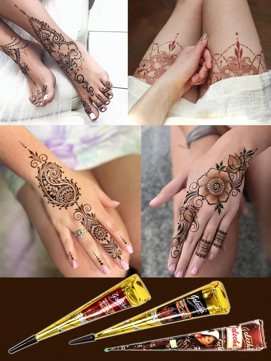 3 件装多色指甲花临时纹身膏，身体彩绘染料，持久植物纹身颜料，适用于手腕和身体 - 彩色 - 查看 1