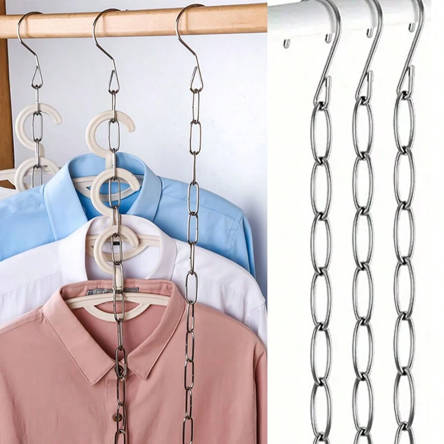 2pcs Portable Thick Iron Hooks With Chain, Easy Installation, Anti-Slip, Anti-Rust, Suitable For Clothes Display, Drying And Storage In Wardrobe