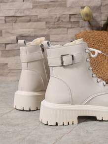 2026 Autumn/Winter New Women's Shoes, Warm Winter Boots, Fashion Versatile Casual Women's Shoes, Leather Ankle Boots, Black & White Short Boots With Laces & Side Zipper, Flat Women's Boots, Women's Ankle & Short Boots, Fashionable Women's Boots - White - View 7