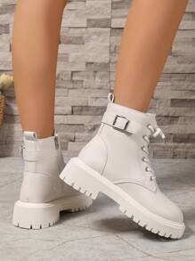 2026 Autumn/Winter New Women's Shoes, Warm Winter Boots, Fashion Versatile Casual Women's Shoes, Leather Ankle Boots, Black & White Short Boots With Laces & Side Zipper, Flat Women's Boots, Women's Ankle & Short Boots, Fashionable Women's Boots - White - View 4