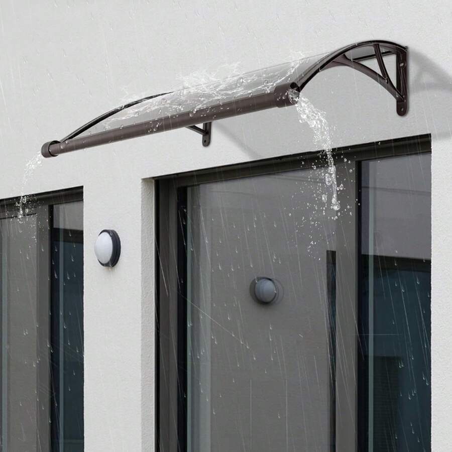 Toldo para puerta de entrada, toldo para ventana, toldo para puerta, toldo moderno para patio con canal de drenaje, soporte negro y placa transparente de 80 x 100 cm (4 tipos opcionales) - Café + bronceado - Ver 1