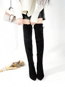 Women's New Autumn/Winter Back Tie High Quality Soft Fleece Elastic Fabric Thick High Heel Round Toe Elegant Fashion Versatile Over-The-Knee Boots - Black - View 7