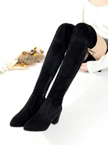 Women's New Autumn/Winter Back Tie High Quality Soft Fleece Elastic Fabric Thick High Heel Round Toe Elegant Fashion Versatile Over-The-Knee Boots - Black - View 3