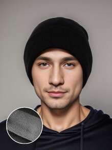 1pc Men Black Solid Thermal Lined Thick Knit Beanie Hat, Casual Pullover Cap Suitable For Daily Outdoor Use To Keep Warm In Extremely Cold Weather Fall Outfit