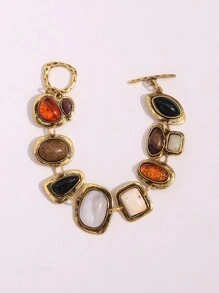 1Pc Funky Jewelry New ZA Bohemian Vintage Bracelets Women Fashion Golden Metal Hollow Link Charm Resin Statement Bracelets ﻿(Random Resin Color) - Multicolor - View 6