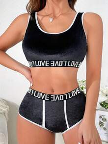 Bộ đồ lót cổ tròn in chữ viền tương phản gợi cảm 2 chiếc áo ngực và quần lót - màu đen - Xem 3