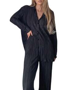 Womens Casual 2 Piece Outfits, Long Sleeve Button Down Pleated Shirt + Pants Set - Negro - Ver 2