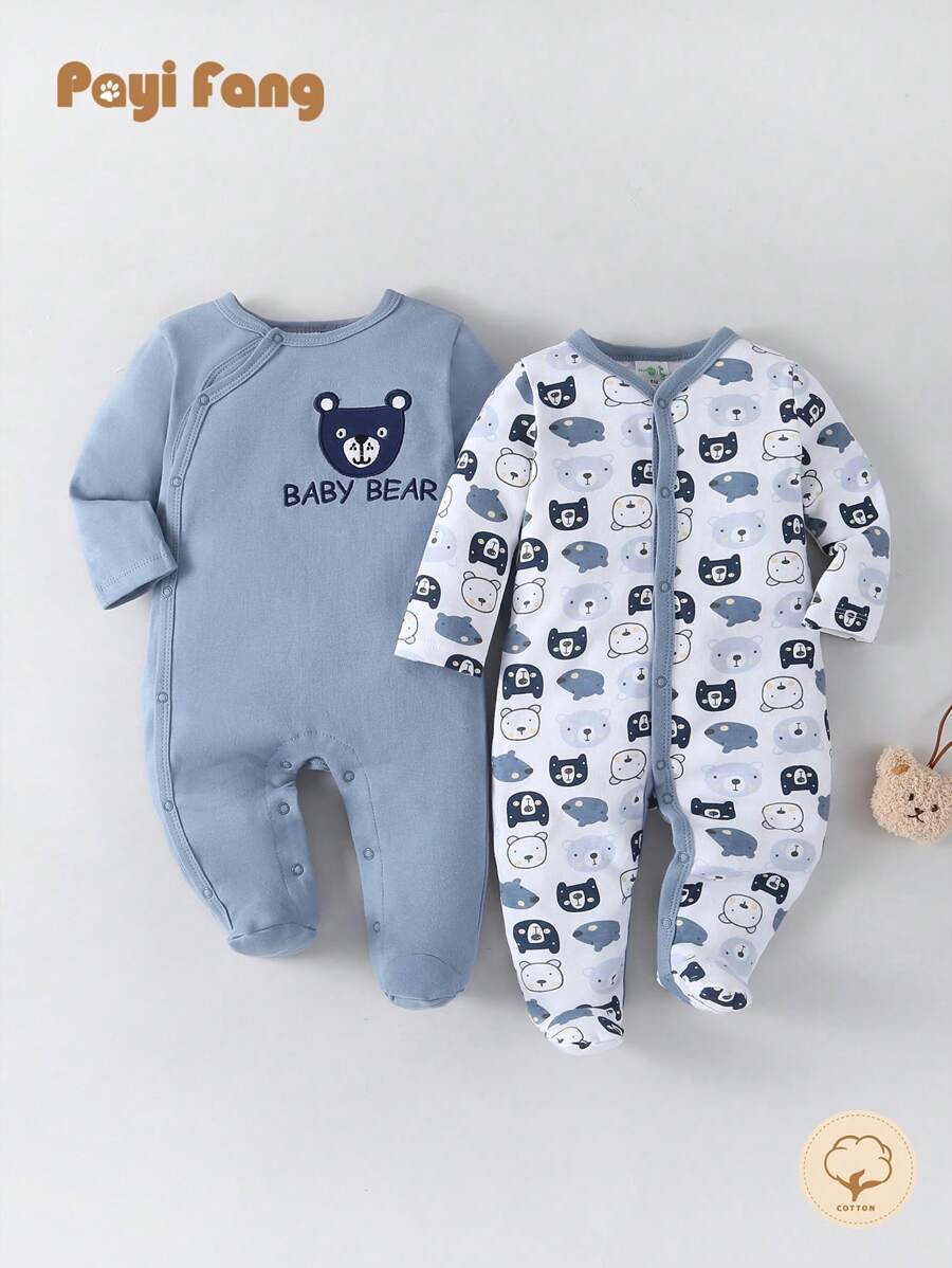 2pcs/Set Cute Baby Boy Bear Print Snap Button Footed Jumpsuit