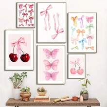 1pc Tranh vải canvas nơ màu hồng màu nước thời trang nghệ thuật treo tường quả cầu disco anh đào ngựa vằn áp phích in phòng cô gái học đường trang trí nhà không có khung - Nhiều màu - Xem 6